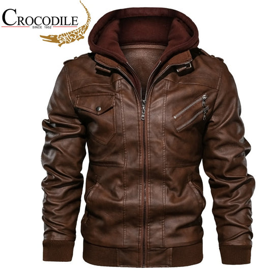 Crocodile brand Hood Mens Leather Jacket Motorcycle Winter Fleece Warm Biker Vintage Coat moto Casual Slim pilot Leather Jackets
