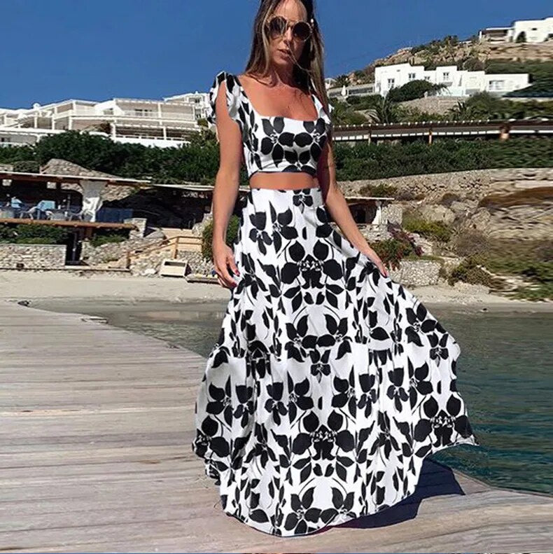 Women Elegant  Square Collar Crop Top And Long Skirt Set Summer Sleeveless Female Beach Dress Suit Ladies Slim Fit Two Piece Set