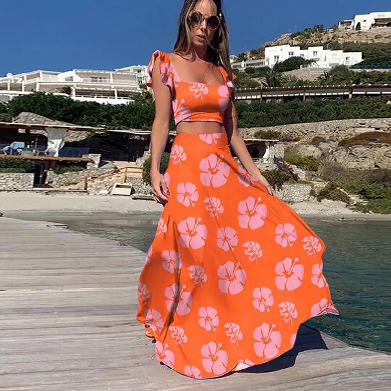 Women Elegant  Square Collar Crop Top And Long Skirt Set Summer Sleeveless Female Beach Dress Suit Ladies Slim Fit Two Piece Set