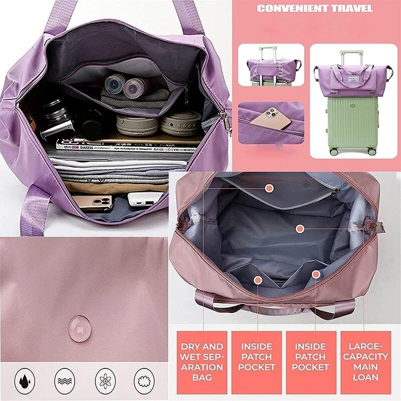 Large Capacity Folding Travel Bag Portable Lightweight Waterproof Oxford Duffel Fabric Bag Dry Wet Separation Shoulder Bag