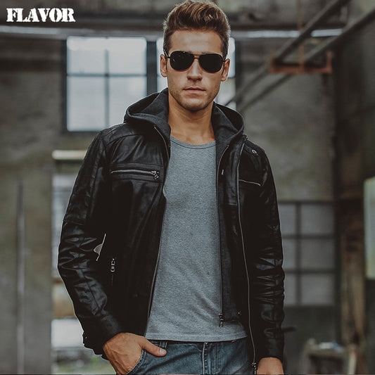 Men's real leather jacket pigskin motorcycle Hooded removable hat double closure Genuine Leather jackets