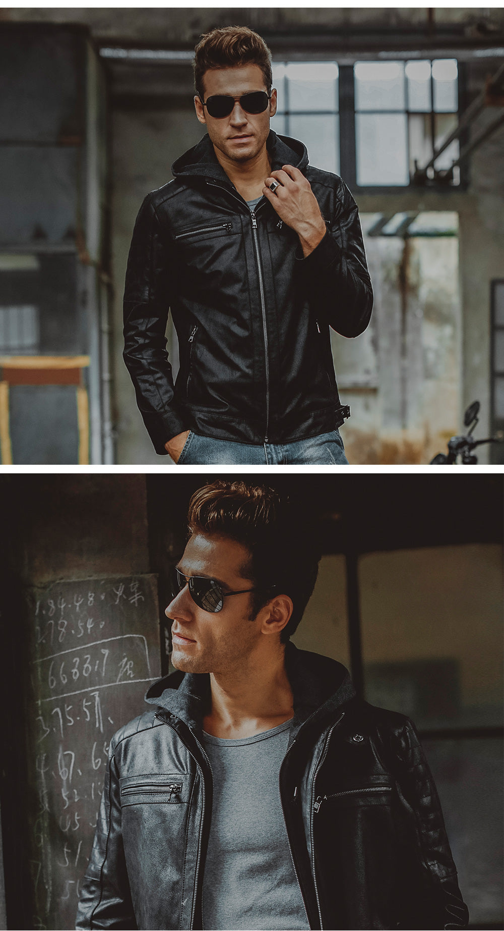 Men's real leather jacket pigskin motorcycle Hooded removable hat double closure Genuine Leather jackets