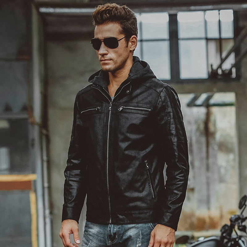 Men's real leather jacket pigskin motorcycle Hooded removable hat double closure Genuine Leather jackets