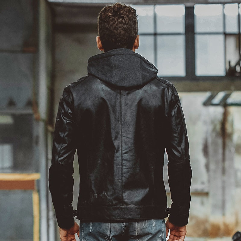 Men's real leather jacket pigskin motorcycle Hooded removable hat double closure Genuine Leather jackets