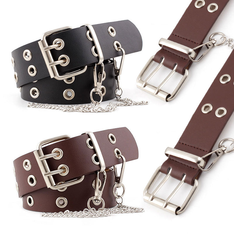 Women Punk Chain Fashion Belt Adjustable Double/Single Row Hole Pin Buckle Waist Belt Jeans Casual Female Decorative Waistband