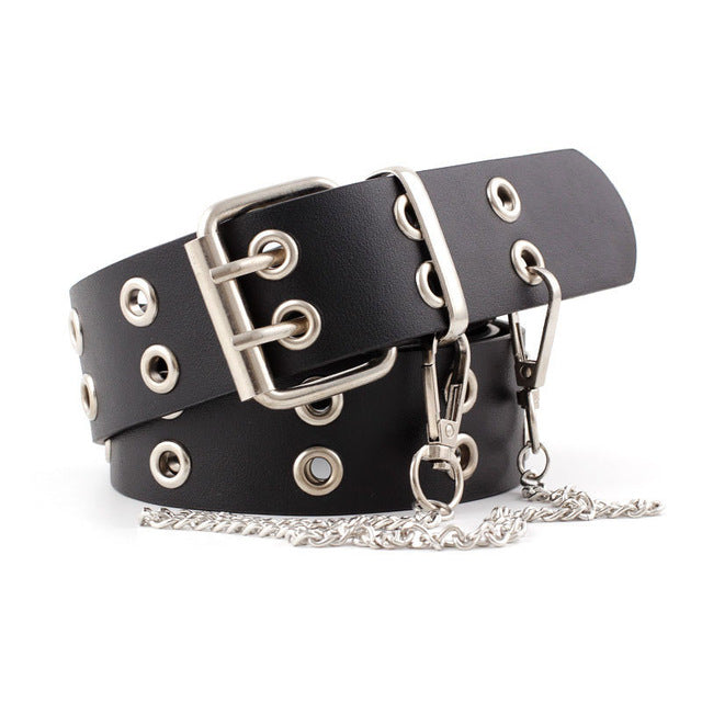 Women Punk Chain Fashion Belt Adjustable Double/Single Row Hole Pin Buckle Waist Belt Jeans Casual Female Decorative Waistband