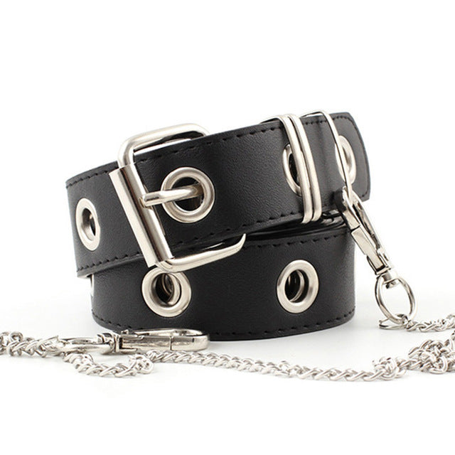 Women Punk Chain Fashion Belt Adjustable Double/Single Row Hole Pin Buckle Waist Belt Jeans Casual Female Decorative Waistband