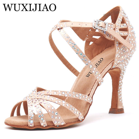 Women Party Dance Shoes  Satin Shining rhinestones Soft Bottom Latin Dance Shoes Woman Salsa Dance Shoes heel5CM-10CM