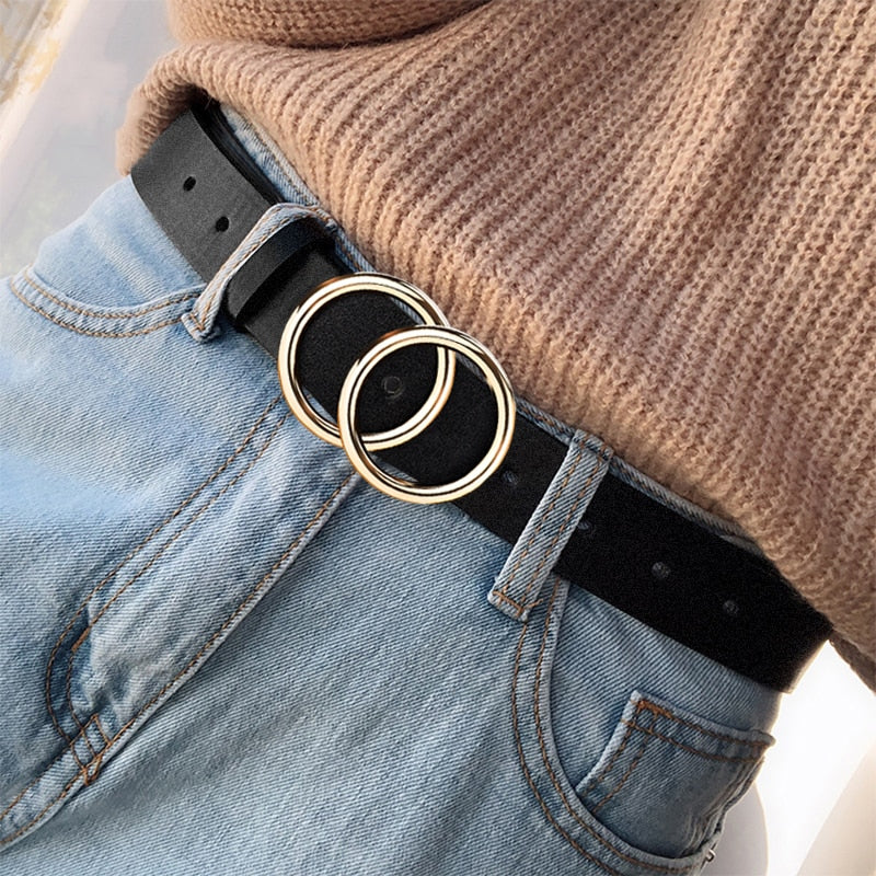 New Designer Leather high Quality Belt Fashion Alloy Double Ring Circle Buckle Girl Jeans Dress Wild Belts