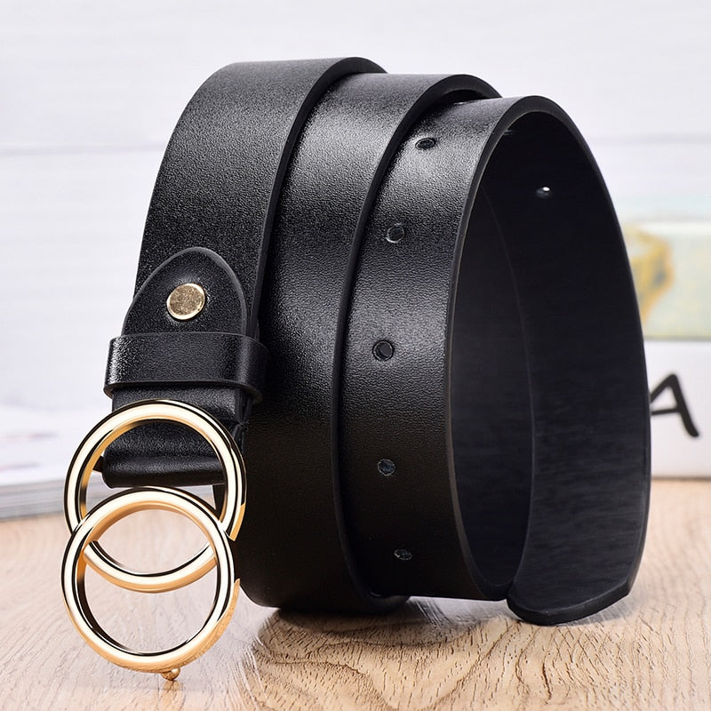 New Designer Leather high Quality Belt Fashion Alloy Double Ring Circle Buckle Girl Jeans Dress Wild Belts