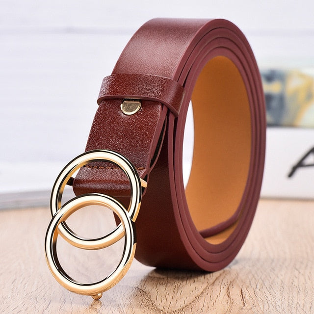 New Designer Leather high Quality Belt Fashion Alloy Double Ring Circle Buckle Girl Jeans Dress Wild Belts