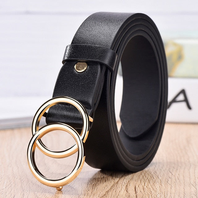 New Designer Leather high Quality Belt Fashion Alloy Double Ring Circle Buckle Girl Jeans Dress Wild Belts