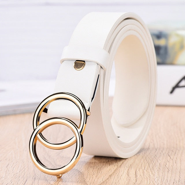 New Designer Leather high Quality Belt Fashion Alloy Double Ring Circle Buckle Girl Jeans Dress Wild Belts