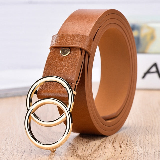 New Designer Leather high Quality Belt Fashion Alloy Double Ring Circle Buckle Girl Jeans Dress Wild Belts