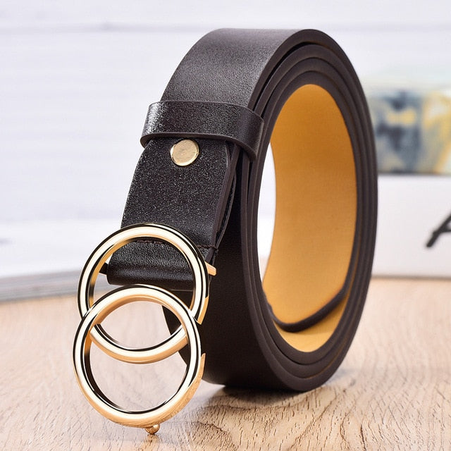 New Designer Leather high Quality Belt Fashion Alloy Double Ring Circle Buckle Girl Jeans Dress Wild Belts