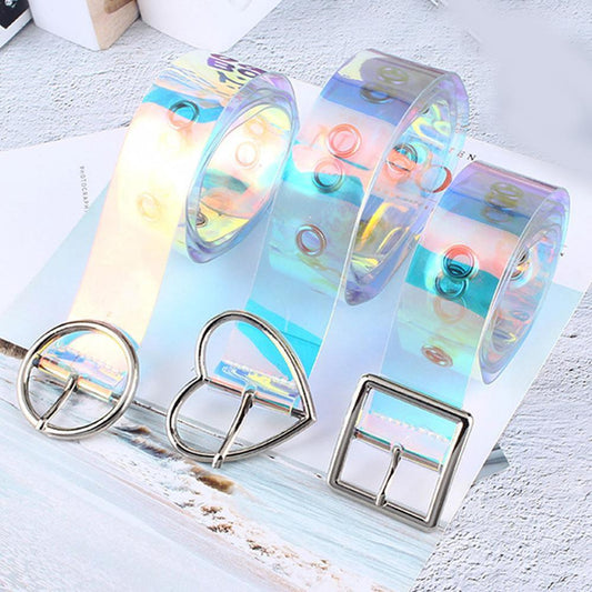 New Laser Women Belt Holographic Clear Waist Belt Metal Pin Buckle  Transparent Waist Belts for Women Belt Waistband 100cm