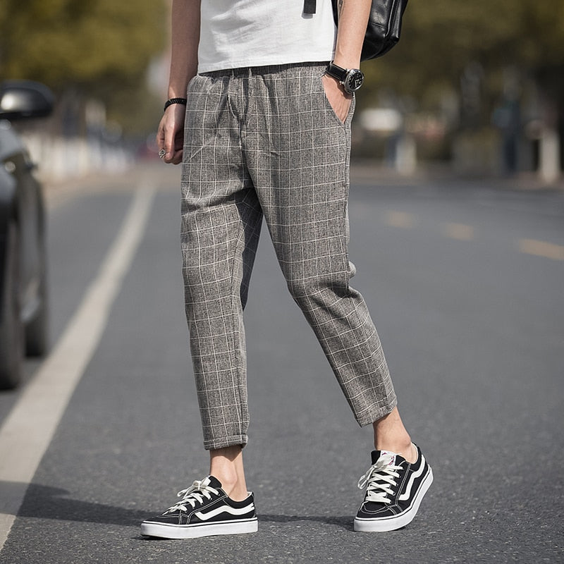 Casual Ankle-Length Plaid Pants Men Trousers Streetwear Jogger Pants Men Sweatpants Slim Fit Men Pants