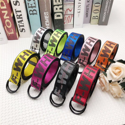 Classic hot burst OFF white canvas belt simple fashion double ring D buckle embroidery letter industrial wind ribbon