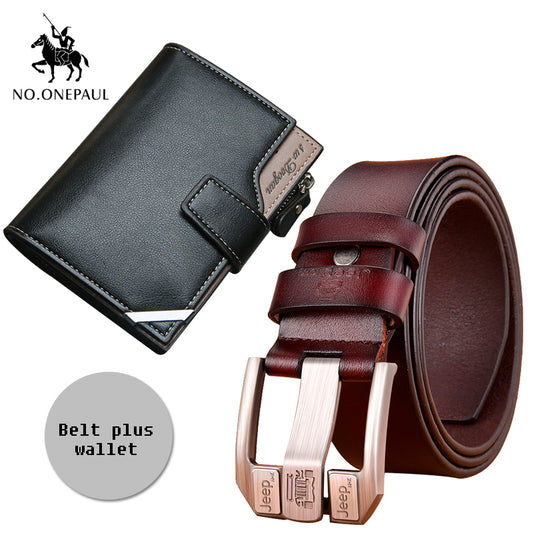 NO.ONEPAUL men's leather belt men's youth luxury retro classic belt plus men's short wallet simple portable handbag