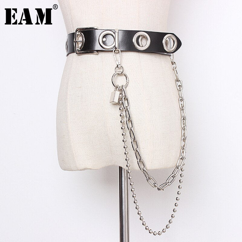 [EAM]  Pu Leather Black Buckle Split Hollow Out Chain Wide Belt Personality Women New Fashion Tide All-match Spring 2020 1N943