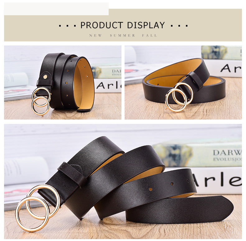 New Designer Leather high Quality Belt Fashion Alloy Double Ring Circle Buckle Girl Jeans Dress Wild Belts