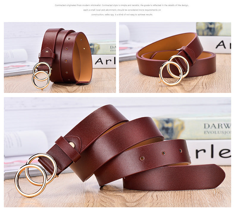 New Designer Leather high Quality Belt Fashion Alloy Double Ring Circle Buckle Girl Jeans Dress Wild Belts