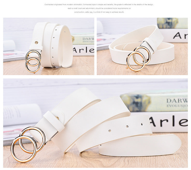 New Designer Leather high Quality Belt Fashion Alloy Double Ring Circle Buckle Girl Jeans Dress Wild Belts